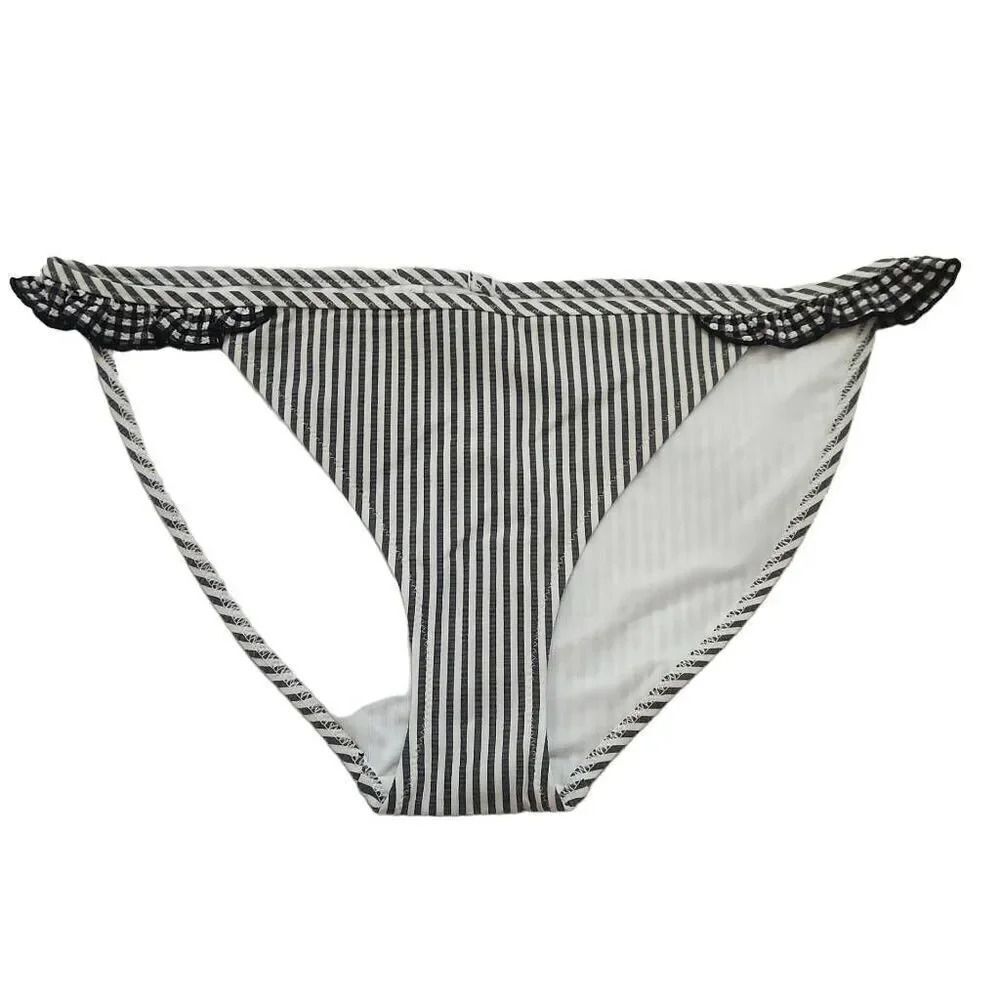 Aerie Women's Size Medium Black White Stripe Ruffle Side Bikini Bottom